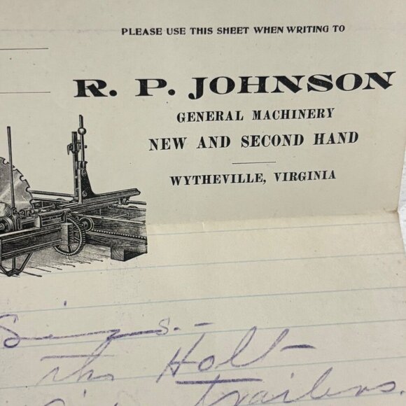 1920 R.P. Johnson Letterhead Handwritten Tractor & Trailer Wytheville VA RARE - Picture 4 of 7